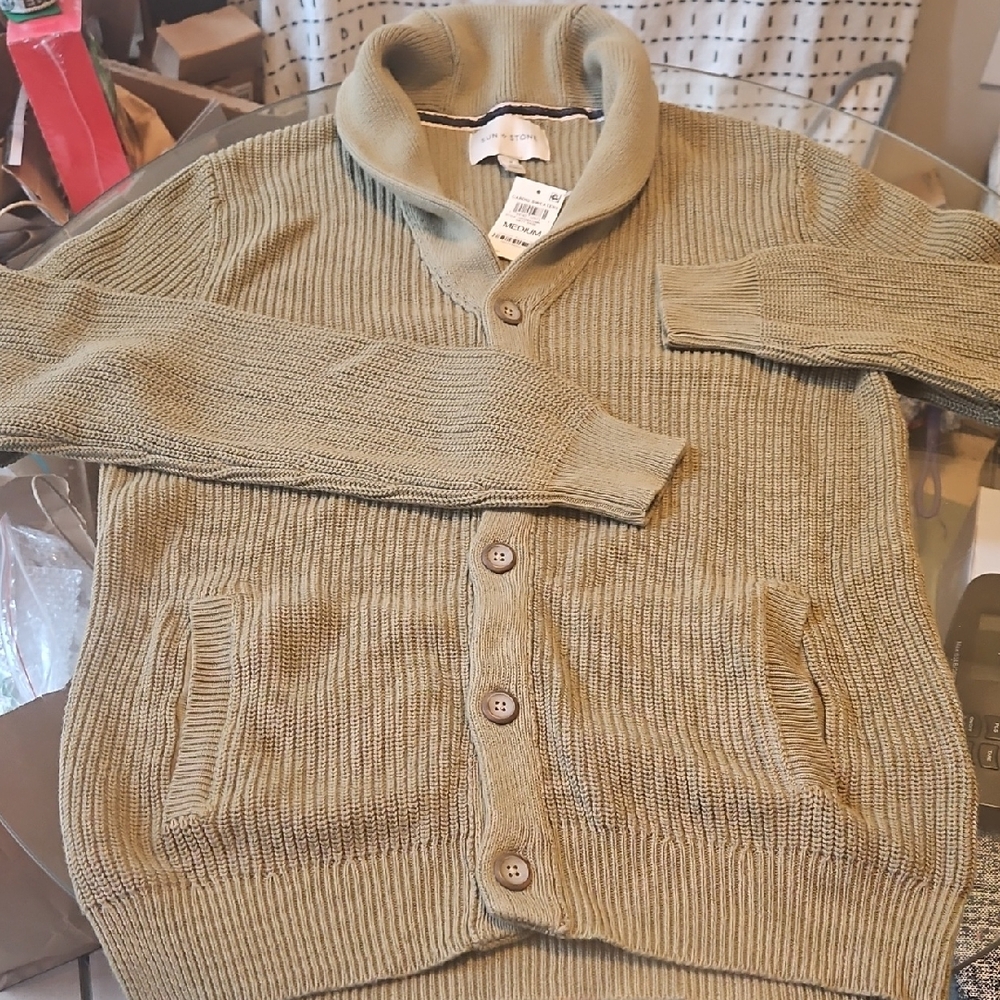 ALL SALES PERM END 12/30 NWT: Sun + Stone Men's Olive Green Shawl Collar Sweater